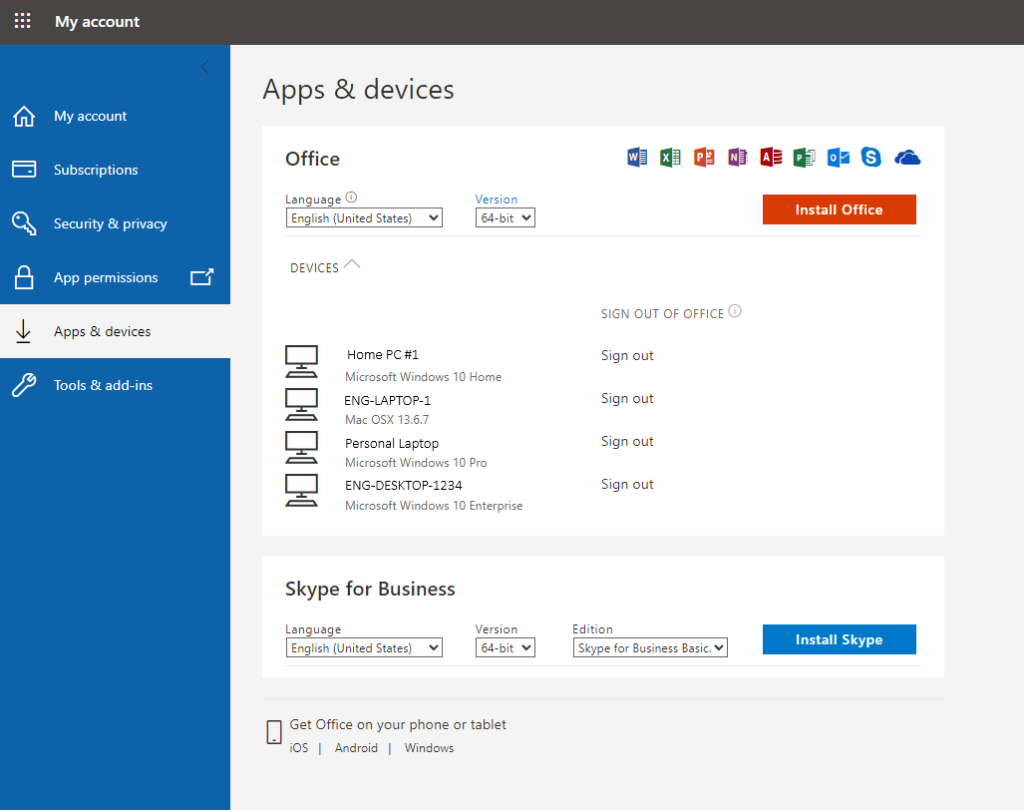 Screenshot showing The Microsoft "My Account" screen with the "Office" sections "Devices" displayed to show 5 signed in devices